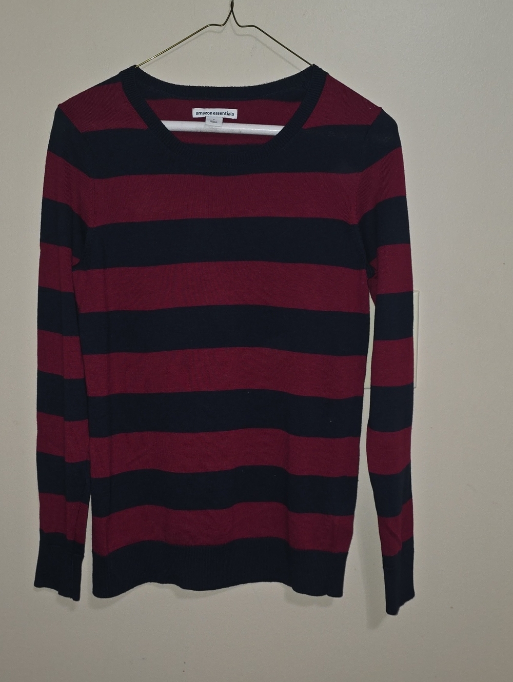 Amazon Essentials Women's Burgundy and Black Striped Crewneck Sweater
